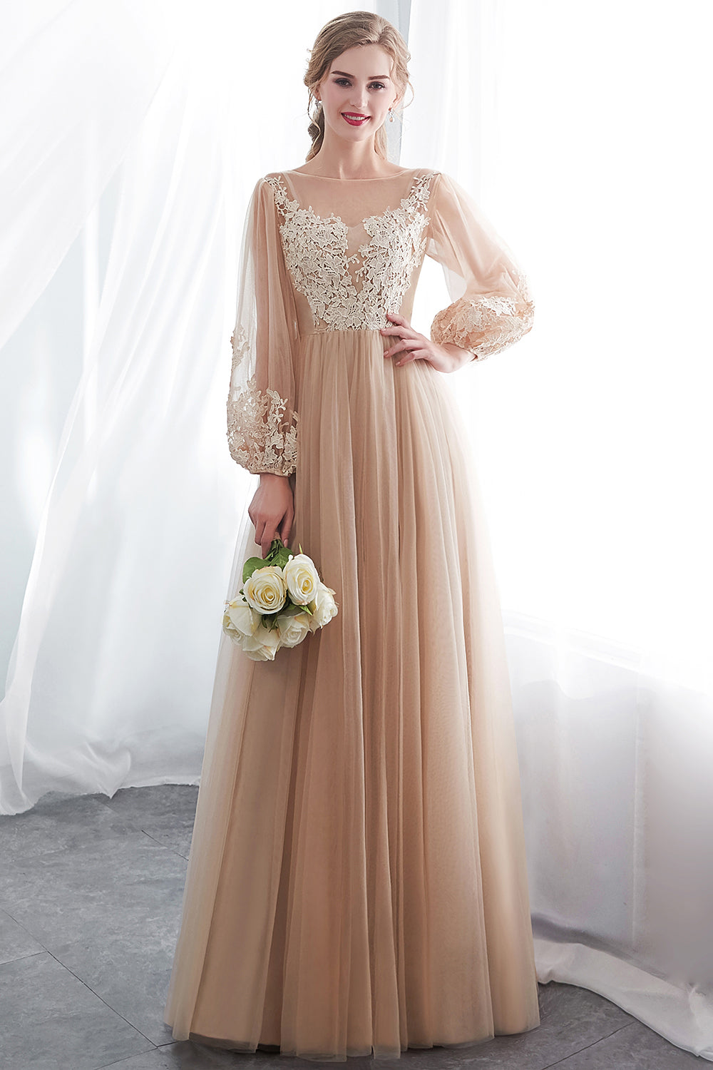 Gorgeous Long Sleeve Tulle Prom Dress | Long Evening Party Gowns With Appliques