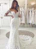 Gorgeous Long Sleeve V-Neck Wedding Dress Mermaid Lace Bridal Gowns