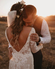Gorgeous Long Sleeves Floral Lace Mermaid Bridal Dress Garden Tulle Wedding Dress