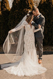 Gorgeous Long Sleeves Floral Lace Mermaid Bridal Dress Garden Tulle Wedding Dress