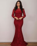 Gorgeous Long Sleeves Jewel Ruby Appliques Mermaid Prom Dresses