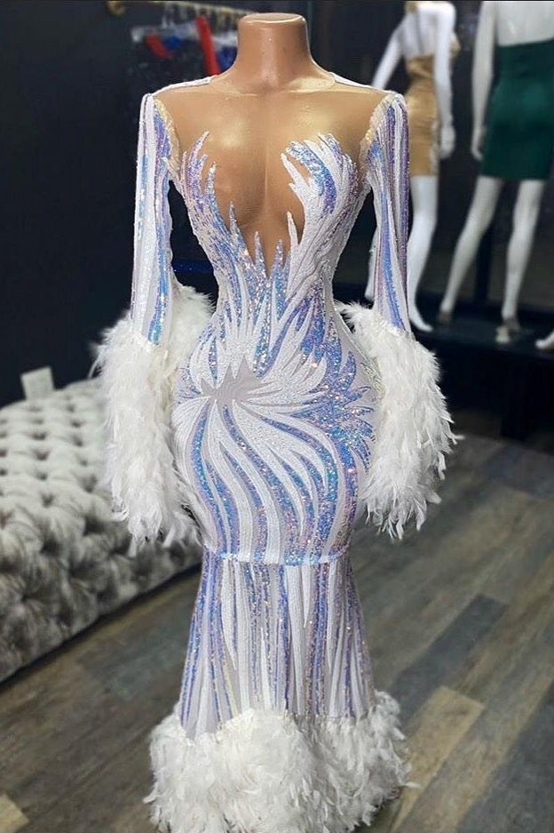 Gorgeous Long Sleeves Sequins Prom Dress Mermaid With Fur