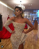 Gorgeous Long Sleeves Sequins Prom Dress Mermaid With Slit