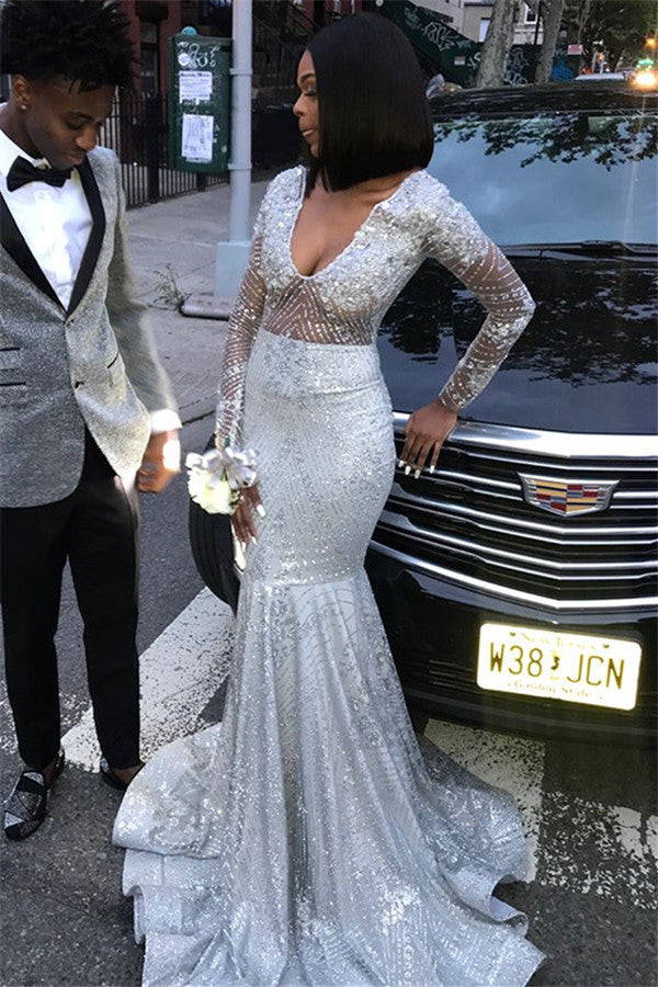 Gorgeous Long Sleeves Silver Mermaid Sweep Train Prom Dresses | Long Sleeves Scoop Appliques Evening Gown BC0871