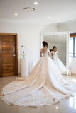 Gorgeous Long Sleeves Soft Floral Lace Bridal Gown V-Neck Wedding Dress