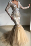 Gorgeous Long V-neck Mermaid Sequins Evening Dresses with Long Sleeves