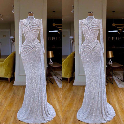 Gorgeous Long White Mermaid High Neck Sequined Prom Dress With Long Sleeves