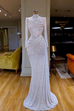 Gorgeous Long White Mermaid High Neck Sequined Prom Dress With Long Sleeves