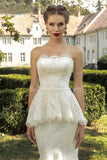 Gorgeous Mermaid Lace Bridal Dress Strapless Tulle Sweep Train Wedding Dress