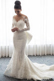 Gorgeous Mermaid Lace Wedding Dress with Sleeves | Bowknot Detachable Overskirt Bride Dress