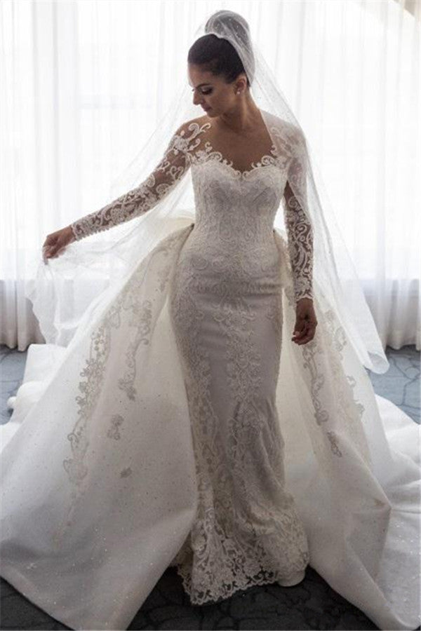 Gorgeous Mermaid Lace Wedding Dress with Sleeves | Bowknot Detachable Overskirt Bride Dress
