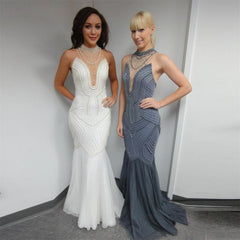 Gorgeous Mermaid Pearls Evening Dresses Illusion Tulle Sexy Prom Dress CE0020