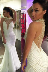 Gorgeous Mermaid Pearls Evening Dresses Illusion Tulle Sexy Prom Dress CE0020