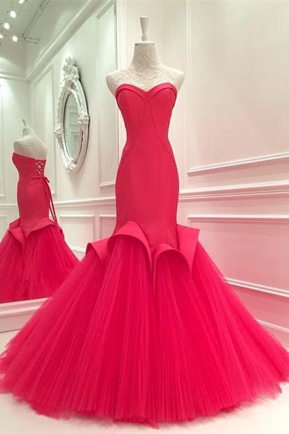 Gorgeous Mermaid Sweetheart Prom Dresses Red Lace-Up Floor Length Evening Gowns
