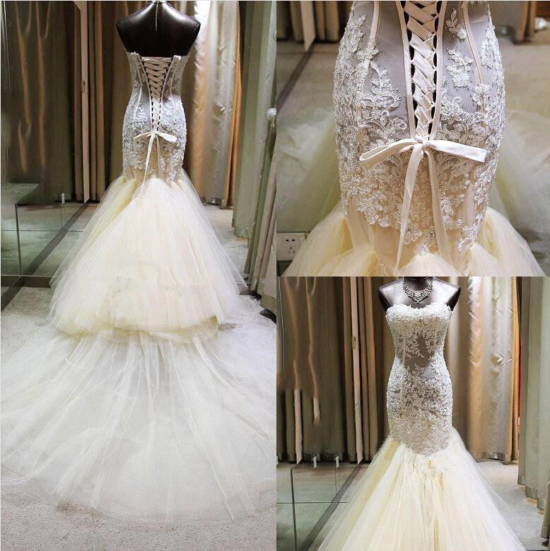 Gorgeous Mermaid Sweetheart Wedding Dress Lace Applique Bridal Gown with Long Train CE0159