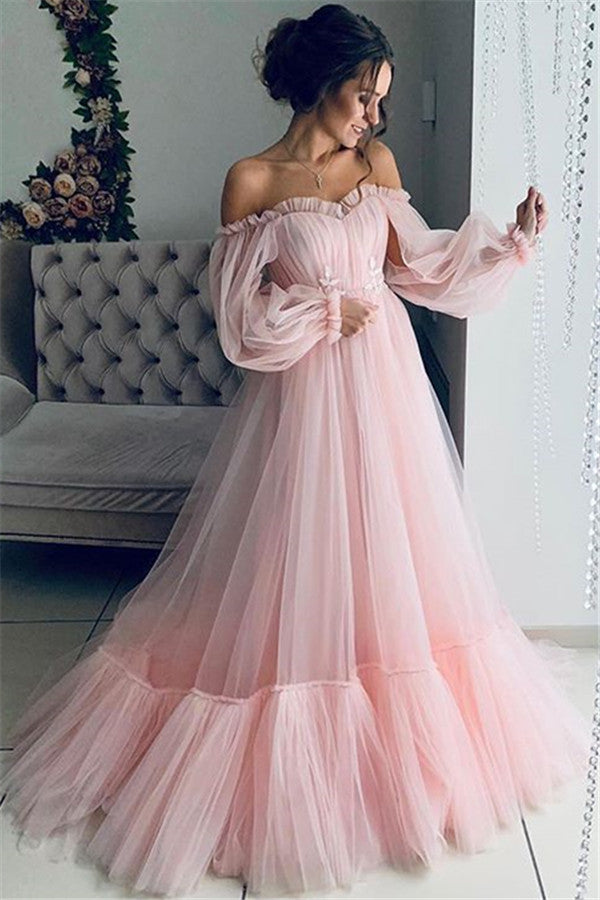 Gorgeous Off-The-Shoulder A-Line Prom Dress | Sheer-Tulle Long-Sleeves