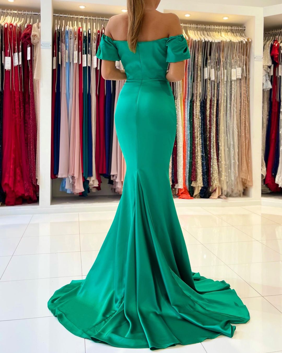 Gorgeous Off The Shoulder Green Lace Ruffles Mermaid Prom Dresses