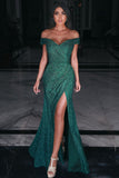 Gorgeous Off The Shoulder Satin Dark Green Prom Dresses | Front-Split Mermaid Evening Dresses