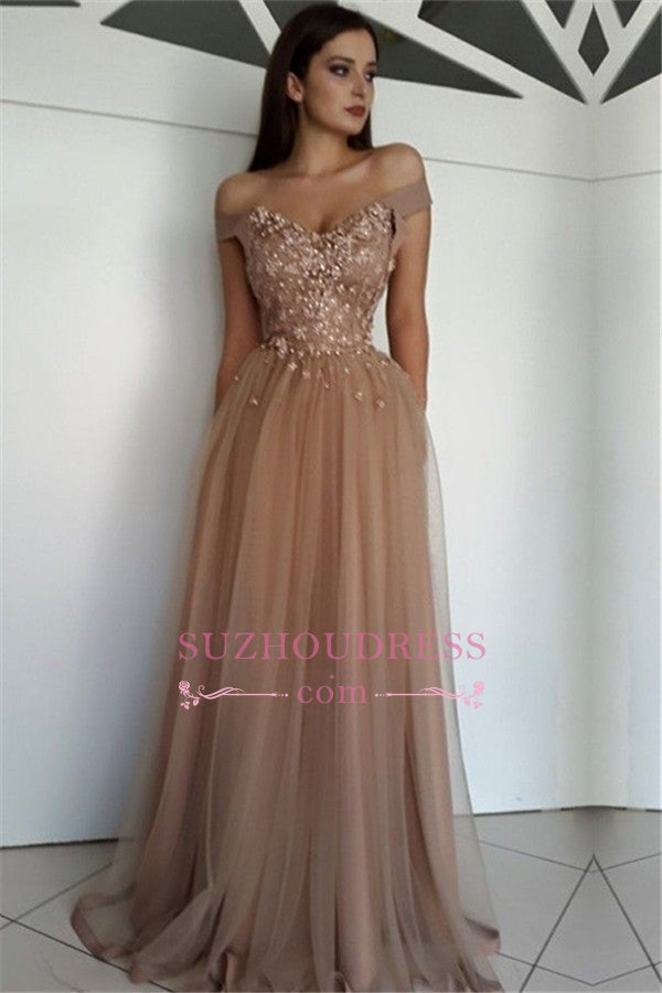 Gorgeous Off-The-Shoulder Sleeveless Tulle Prom Dresses | A-Line Floor-Length Beading Evening Gown