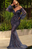 Gorgeous Off The Shoulder Tulle Sequins Mermaid Prom Dresses With long Sleeves