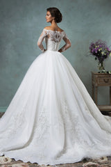 Gorgeous Off the Shoulder Detachable Train Wedding Dresses Long Sleeve Lace Bride Dress