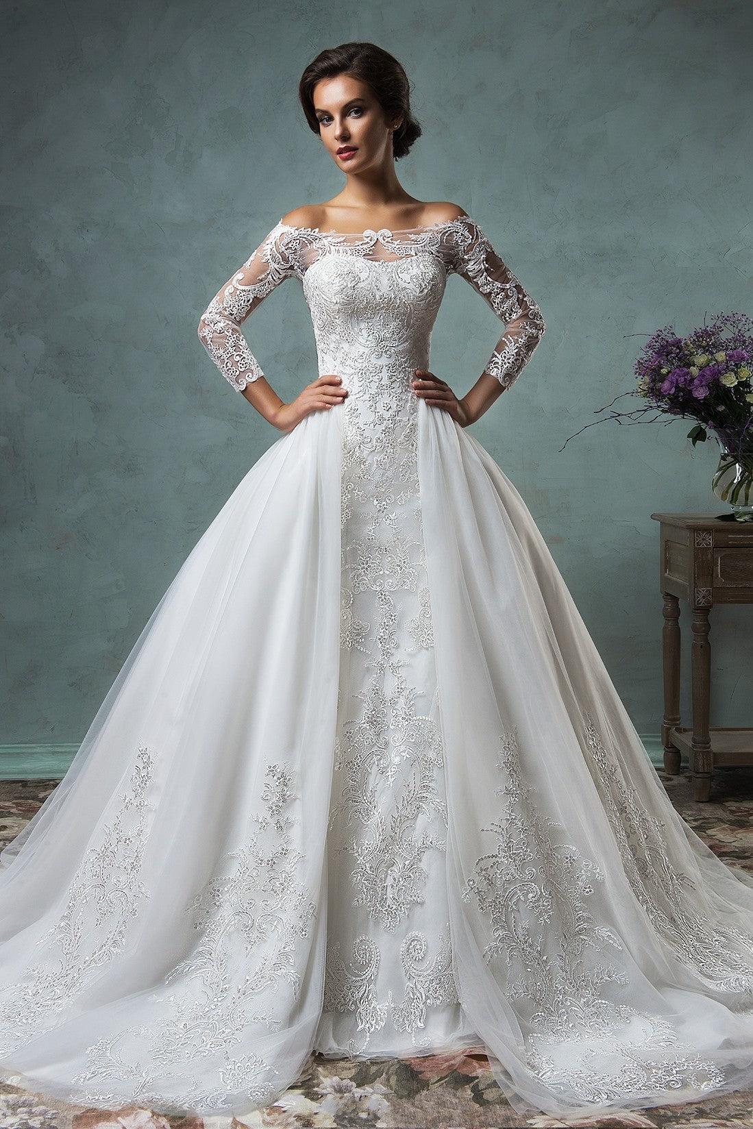 Gorgeous Off the Shoulder Detachable Train Wedding Dresses Long Sleeve Lace Bride Dress