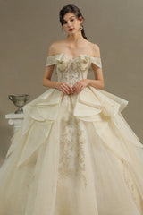 Gorgeous Off-the-Shoulder Floral Appliques Ball Gown Ivory aline Bridal Gown