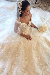 Gorgeous Off the Shoulder Princess Dress Latest Chapel Train Lace Wedding Dresses