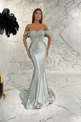 Gorgeous Off the Shoulder Prom Dress Mermaid Sequined Evening Formal Dress With Beading Pleated