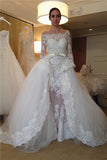 Gorgeous Off-the-shoulder Long Sleeve Lace Wedding Dresses Sheer Overskirt Tulle Bridal Dress