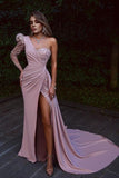 Gorgeous One Shoulder Long Sleeve Prom Dress Lace With Split