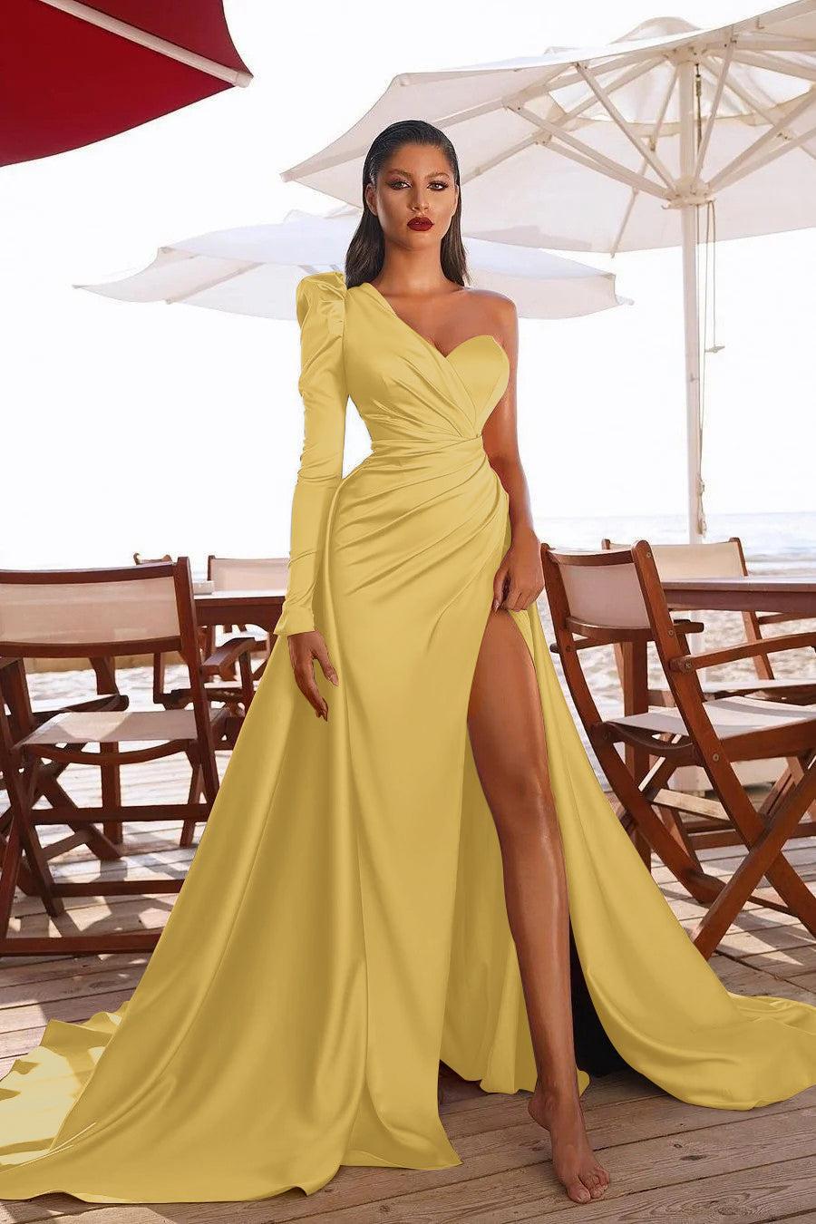 Gorgeous One Shoulder Long Sleeve Prom Dress With Split