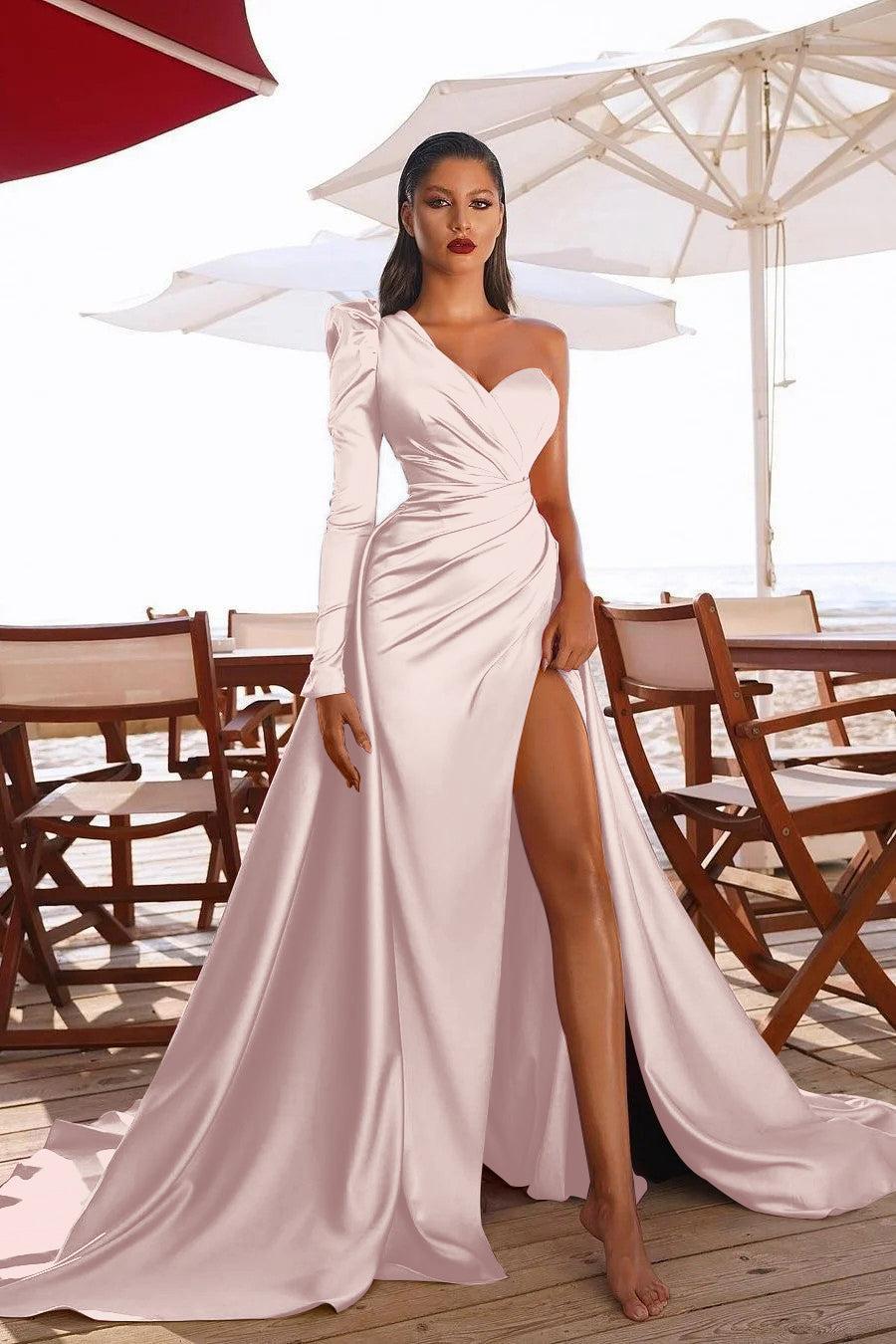 Gorgeous One Shoulder Long Sleeve Prom Dress With Split