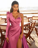 Gorgeous One Shoulder Long Sleeve Prom Dress With Split