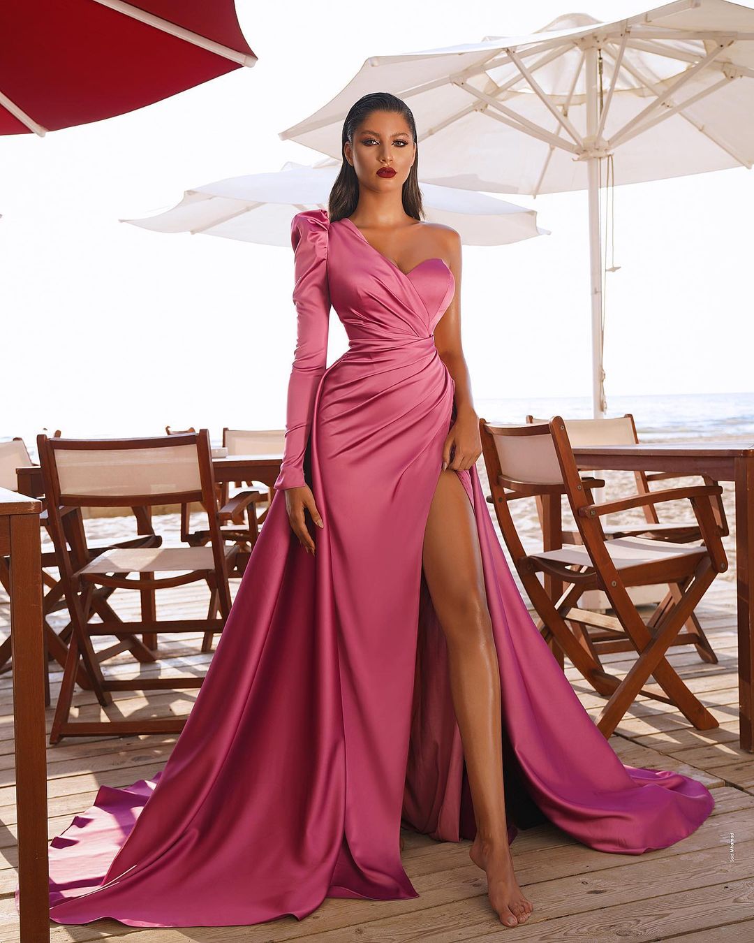 Gorgeous One Shoulder Long Sleeve Prom Dress With Split