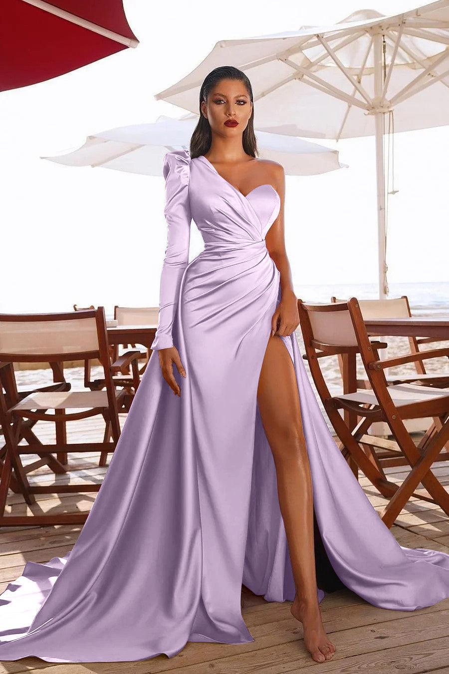 Gorgeous One Shoulder Long Sleeve Prom Dress With Split