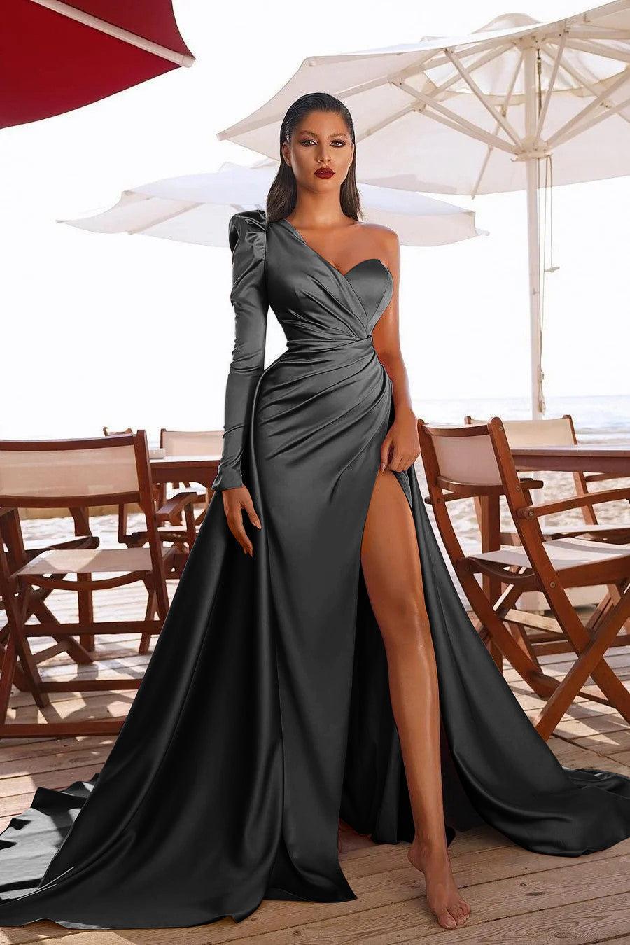 Gorgeous One Shoulder Long Sleeve Prom Dress With Split