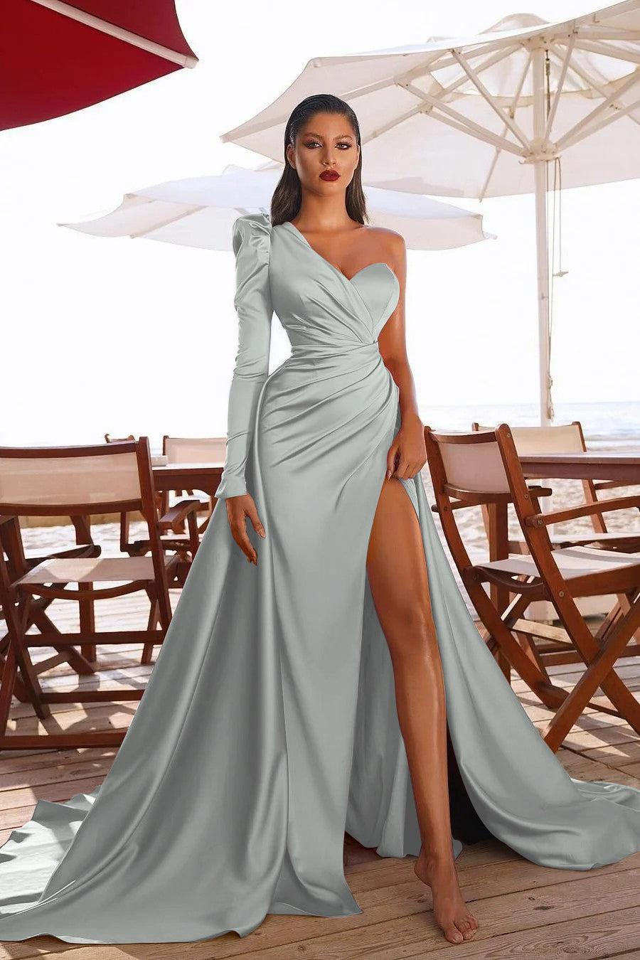 Gorgeous One Shoulder Long Sleeve Prom Dress With Split