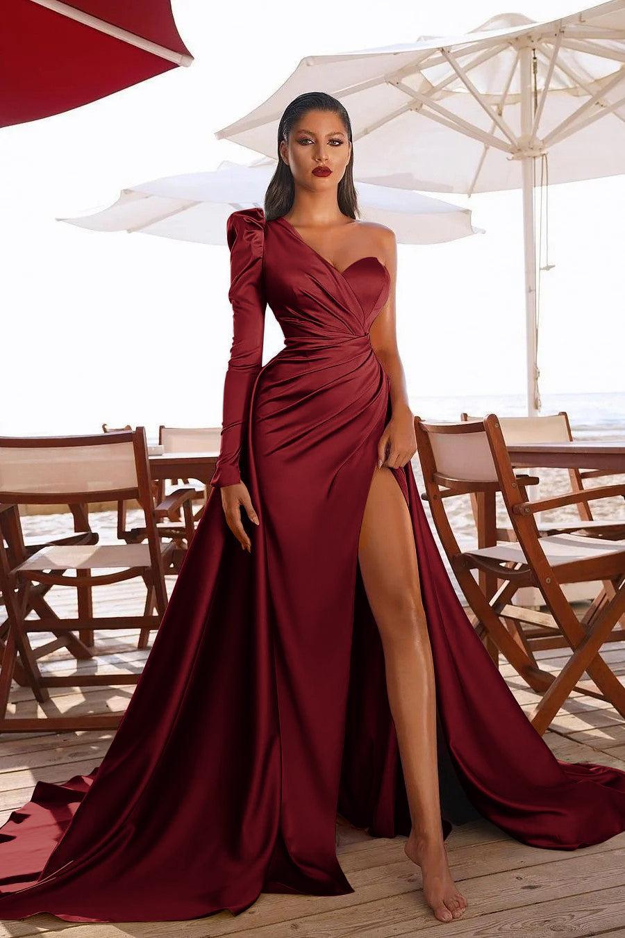 Gorgeous One Shoulder Long Sleeve Prom Dress With Split