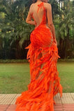 Gorgeous Orange Mermaid Prom Dress Sleeveless Long SLit With Ruffle