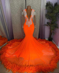 Gorgeous Orange Mermaid Tassel V-Neck Lace Prom Dresses With Long Sleeves
