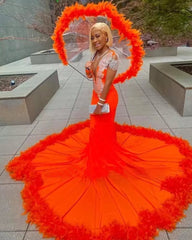 Gorgeous Orange Mermaid Tassel V-Neck Lace Prom Dresses With Long Sleeves