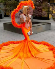 Gorgeous Orange Mermaid Tassel V-Neck Lace Prom Dresses With Long Sleeves
