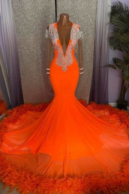 Gorgeous Orange Mermaid Tassel V-Neck Lace Prom Dresses With Long Sleeves