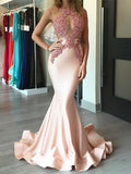 Gorgeous Pink Prom Dresses Mermaid Appliques Sleeveless Evening Dress BA4068