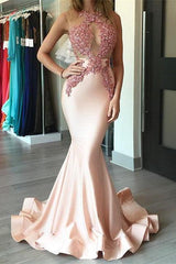 Gorgeous Pink Prom Dresses Mermaid Appliques Sleeveless Evening Dress BA4068