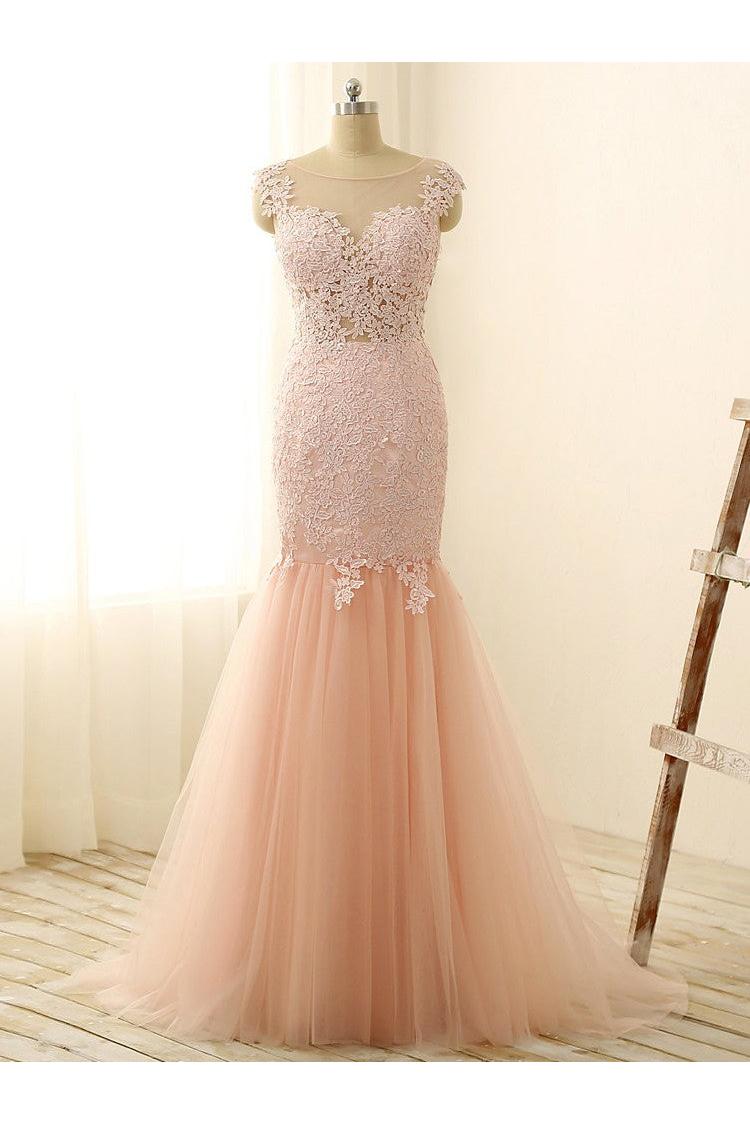 Gorgeous Pink Sexy Mermaid Prom Dresses Tulle Lace Applique Long Party Gowns