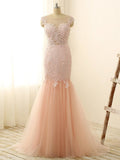 Gorgeous Pink Sexy Mermaid Prom Dresses Tulle Lace Applique Long Party Gowns