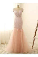 Gorgeous Pink Sexy Mermaid Prom Dresses Tulle Lace Applique Long Party Gowns