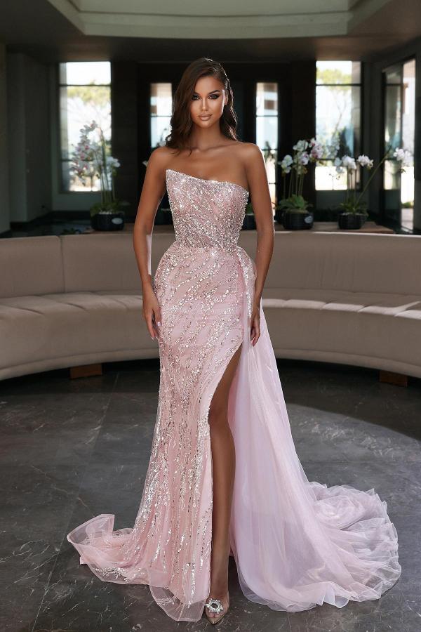 Gorgeous Pink Strapless Evening Dress Mermaid Slit With Beads